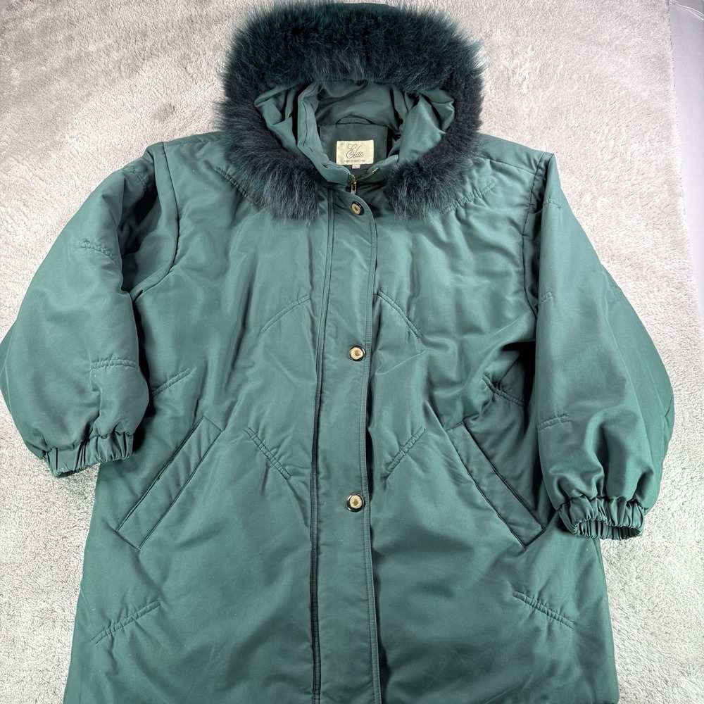 Elan Vintage Coat Womens Large Green Real Fox Fur Hood Insulated Winter Parka
